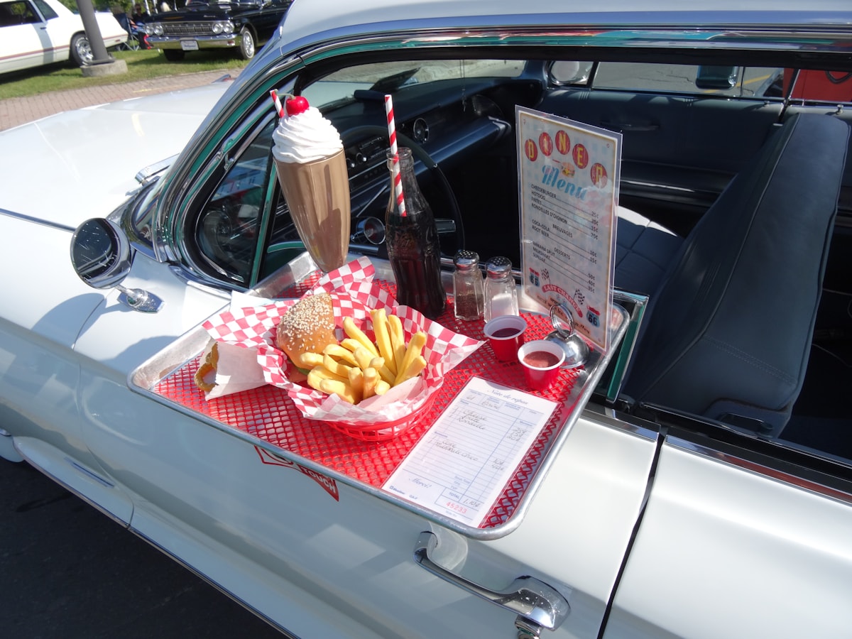 Tray with fries, a sandwich, soda, and chocolate shake